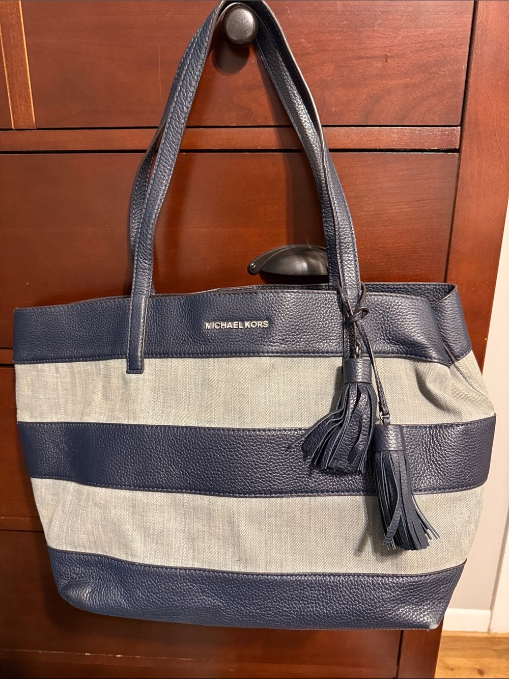 Michael Kors Navy and Denim Striped Tote with Tassel
